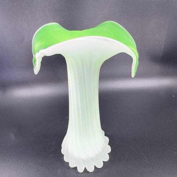 1970s Frosted Green Leaf Shaped Top Glass Vase Vessel Jack In The Pulpit Vintage - Picture 9 of 16